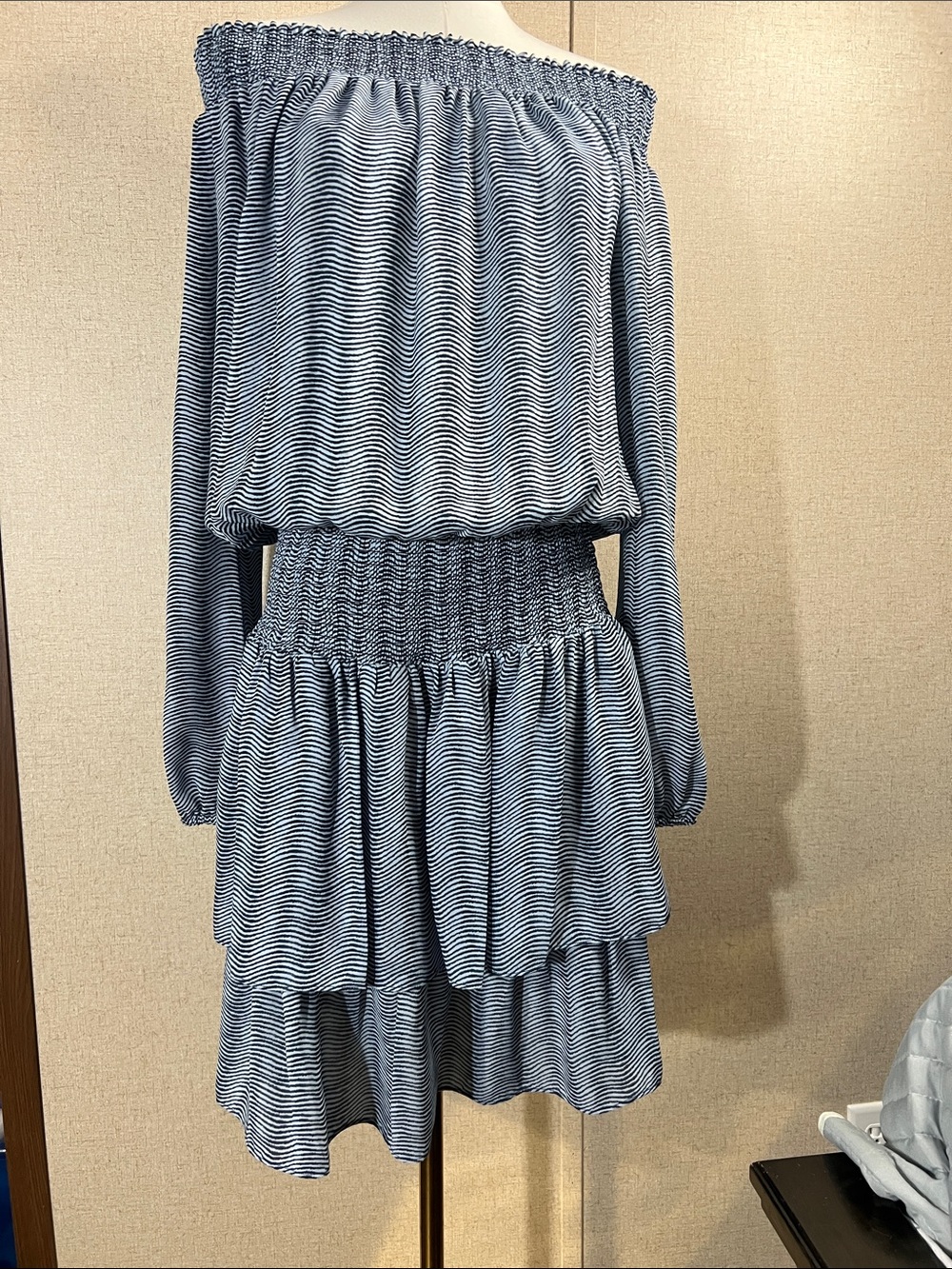 Michael Kors Blue Striped Off-Shoulder Tiered Long-Sleeve Dress